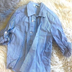 Macleod size 4 boys blue and white pinstripe button down w red accents